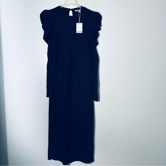 Walter Baker Dress Midi Long Sleeve Navy Blue Gathered Shoulder Puff Stretch M - Picture 13 of 16